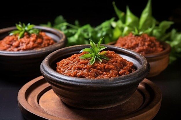 Photo chili paste in small ceramic bowl