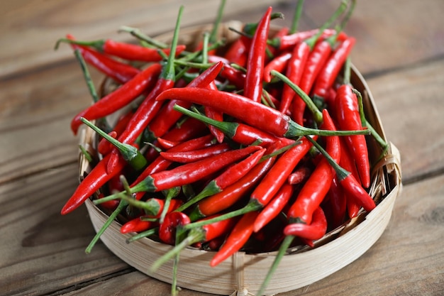 Chili pepper Red hot chilli peppers on basket background Close up group of ripe red chilli