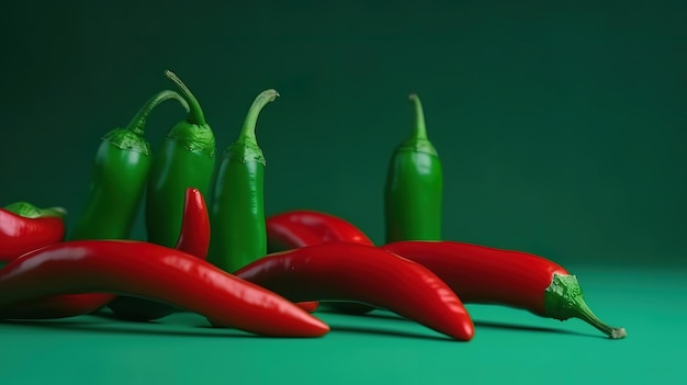 Chili peppers on a colored green background Generative Ai