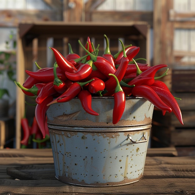 Photo chili peppers in a pot with a wooden box on the background