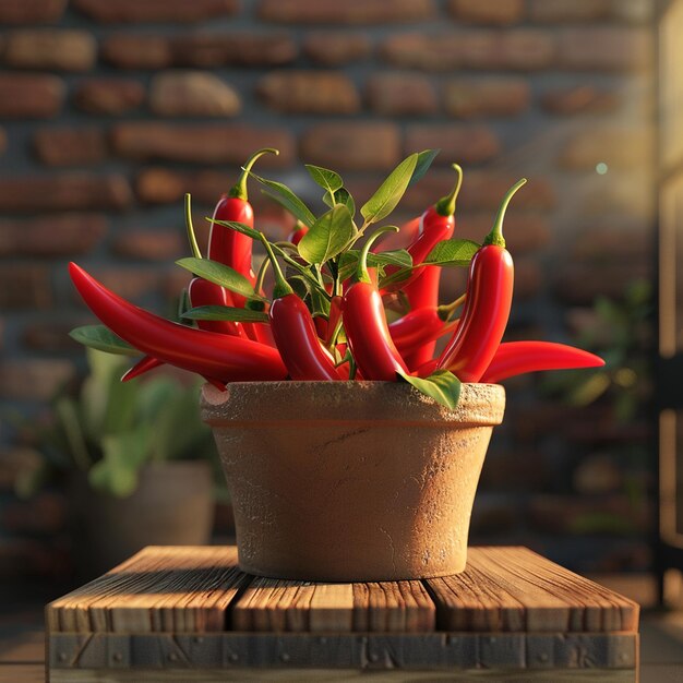 Photo chili peppers in a pot with a wooden box on the background