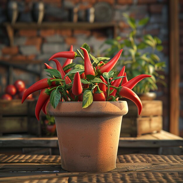 Photo chili peppers in a pot with a wooden box on the background