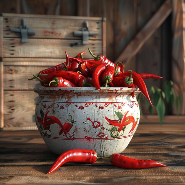 Photo chili peppers in a pot with a wooden box on the background