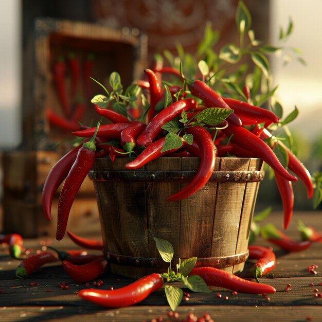 Chili peppers in a pot with a wooden box on the background