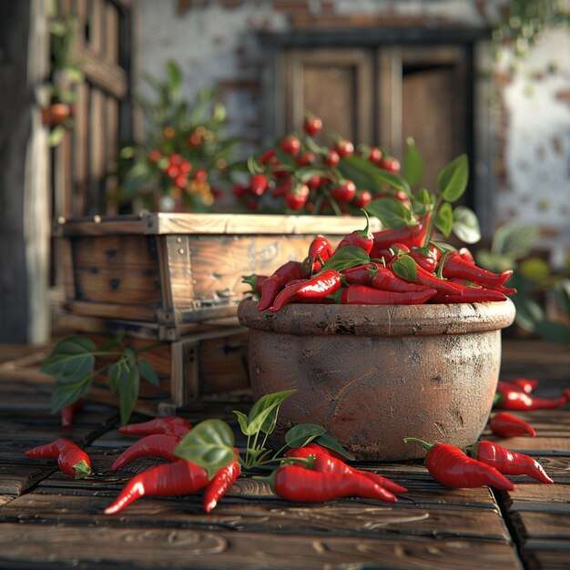 Photo chili peppers in a pot with a wooden box on the background