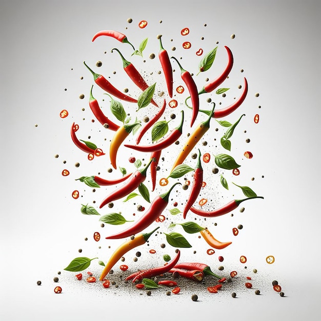 chili peppers scattered in midair on a bright white background