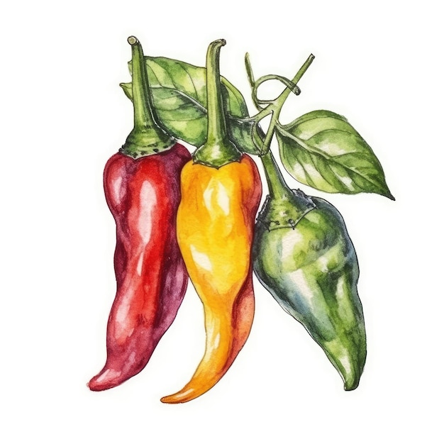 Chili Peppers in watercolor style with ink outline on white background generative AI