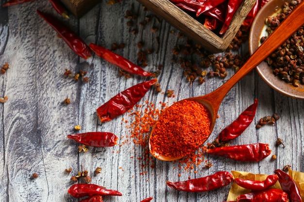 Chili powder in wooden spoon and dry pepper on grey wooden table