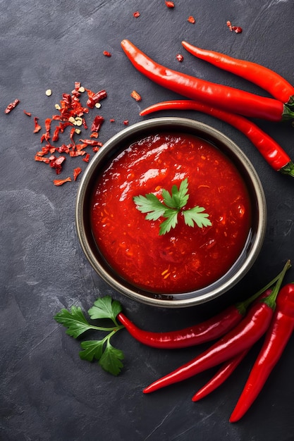 Chili sauce and red peppers on dark background