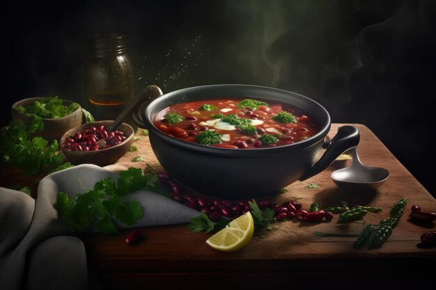 Photo chili soup with red beans bean minestrone vegetarian chili bean stew bowl abstract generative ai illustration