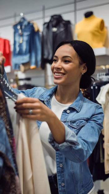 Chill attractive satisfied african american female customer picking new outfit being delighted and