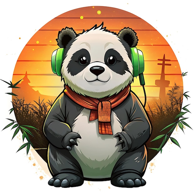 Chill Panda with Headphones TShirt Design with Sunset and Bamboo