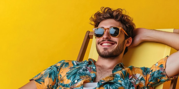 Chill Vibes A Man in a Hawaiian Shirt and Flip Flops Relaxing on a Lawn Chair with a Yellow Background