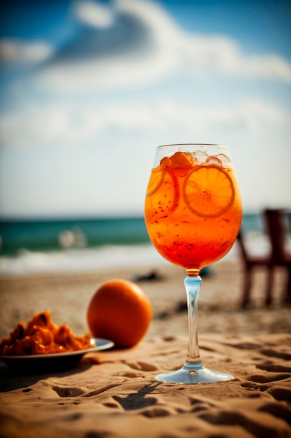 Chilled aperol cocktail on the table on the beach Generative AI