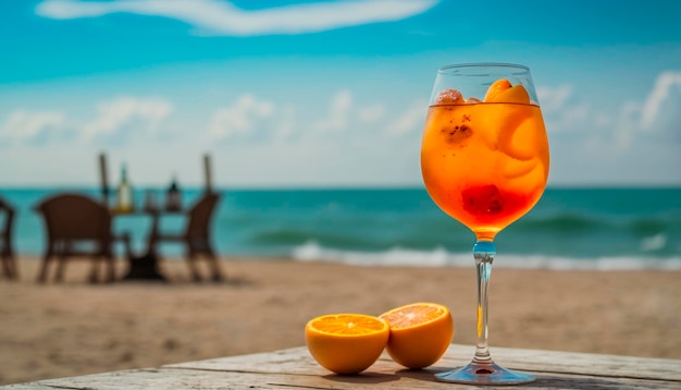 Chilled aperol cocktail on the table on the beach Generative AI