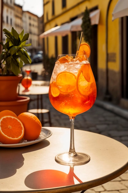 Chilled aperol cocktail on a table in a cafe on the street Generative AI