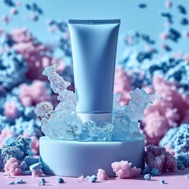 Chilled beauty cream mockup on ice showcased with a minimalist blue tone