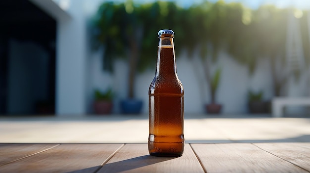 A chilled beer bottle on a wooden table