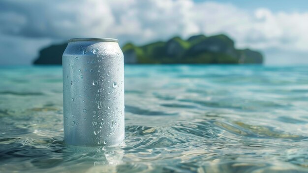 A chilled beverage can sits afloat in clear tropical waters condensation beading on its surface