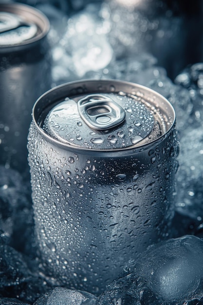 Chilled beverage can surrounded by ice with condensation showing freshness