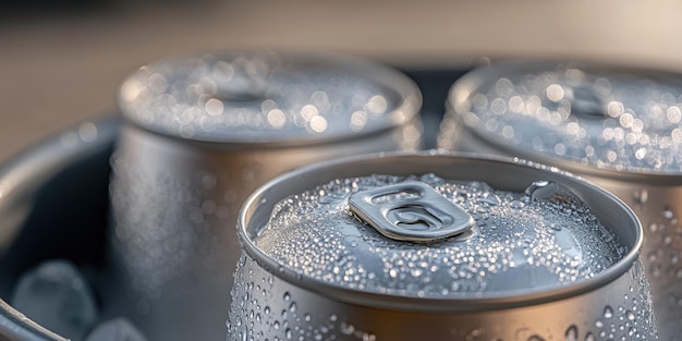 Chilled beverage cans in a bucket with ice under warm sunlight