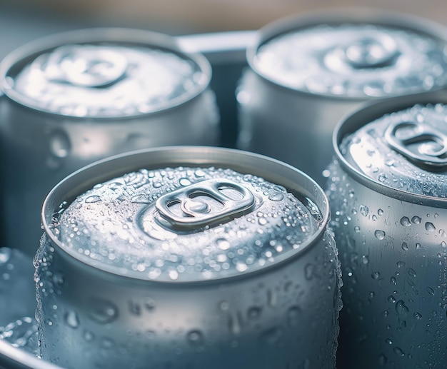 Chilled beverage cans with condensation in a party setting outdoors