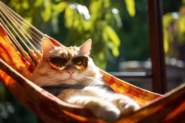 Chilled Cat in Sunglasses Lounges on Hammock Amusing Pet Scene Generative AI