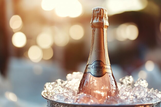 Photo chilled champagne bottle in ice bucket by the ocean