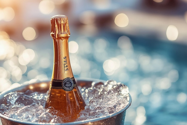 Photo chilled champagne bottle in ice bucket by the ocean