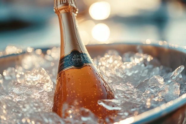 Photo chilled champagne bottle in ice bucket by the ocean