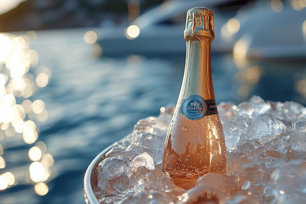 Photo chilled champagne bottle in ice bucket by the ocean