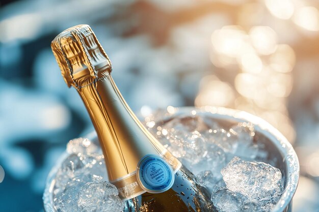 Photo chilled champagne bottle in ice bucket by the ocean