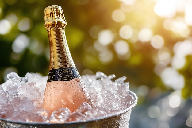 Photo chilled champagne bottle in ice bucket by the ocean