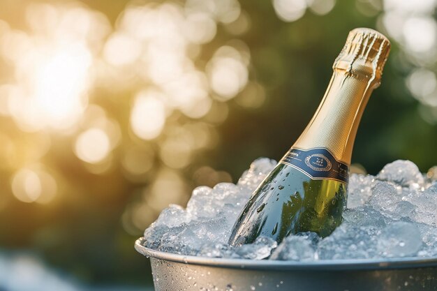 Photo chilled champagne bottle in ice bucket by the ocean