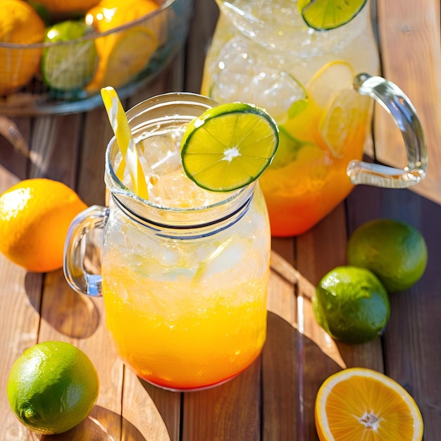 Chilled citrus blast drink with a mix of oranges lemons and limes in a glass pitcher on a wooden