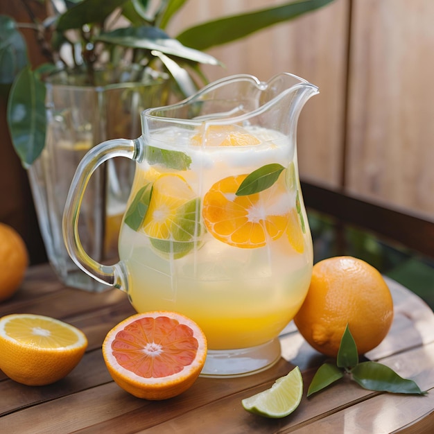 Chilled citrus blast drink with a mix of oranges lemons and limes in a glass pitcher on a wooden