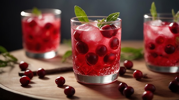 Photo chilled cranberry soda in a glass with ice cubes and fresh cranberries