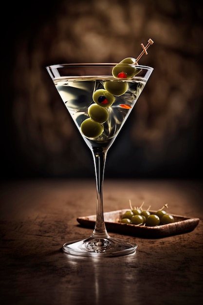 Chilled martini cocktail on a long bar with olives Generative AI