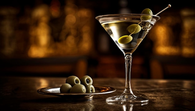 Chilled martini cocktail on a long bar with olives Generative AI