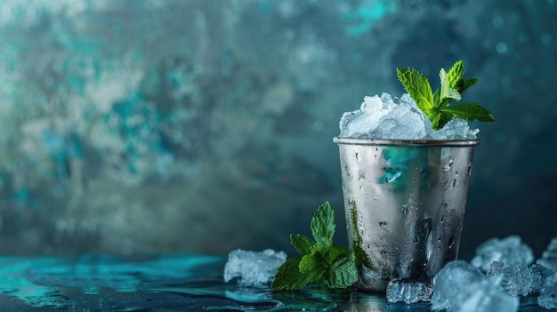 Chilled metal cup with crushed ice and mint leaves on blue background