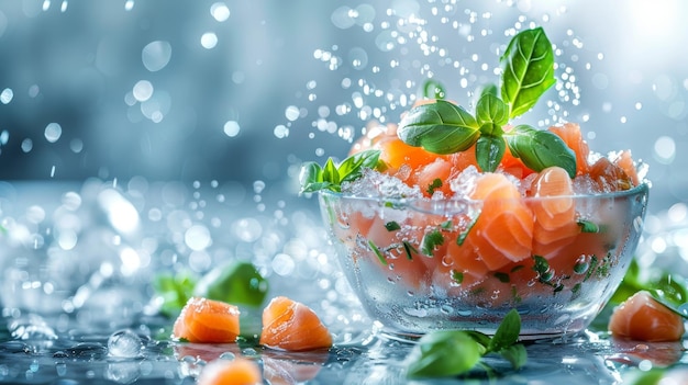 Photo chilled salmon appetizer with fresh basil and water drops closeup view with copy space