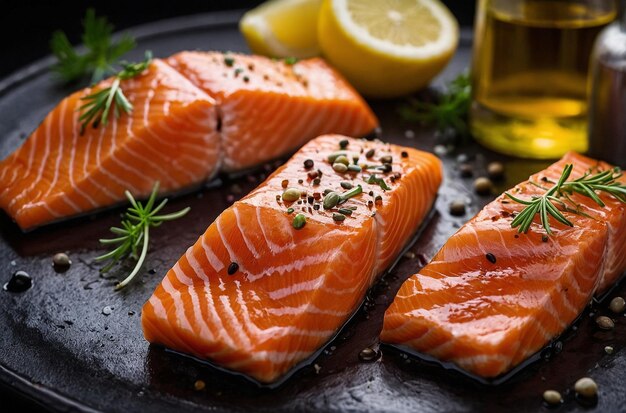 Chilled salmon steaks on a showcase closeup background