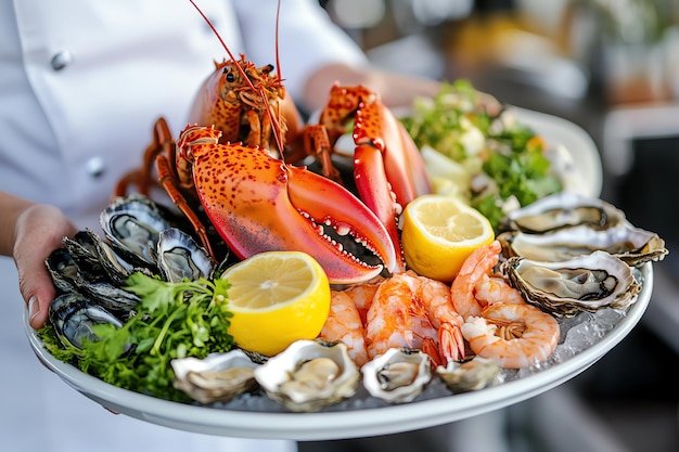 Chilled Seafood Platter with Fresh Oysters Prawns and Lemon Wedges on Ice A Gourmet Feast