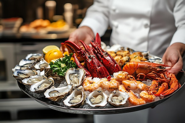 Chilled Seafood Platter with Fresh Oysters Prawns and Lemon Wedges on Ice A Gourmet Feast