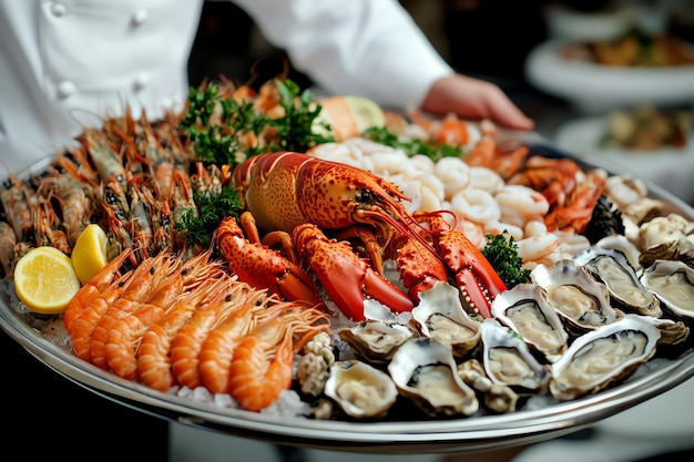 Photo chilled seafood platter with fresh oysters prawns and lemon wedges on ice a gourmet feast