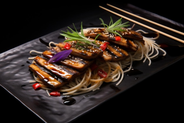 Photo chilled soba with grilled eggplant and sesame