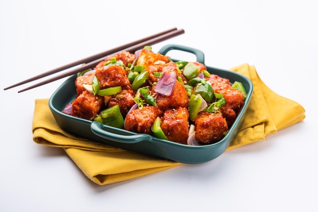 Chilli paneer dry is made using cottage cheese, Indo chinese food