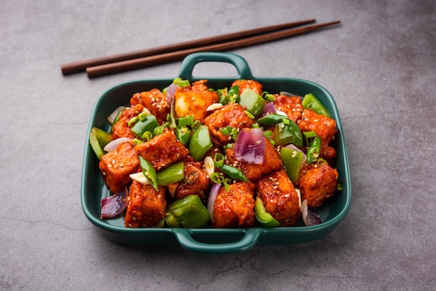 Chilli paneer dry is made using cottage cheese, Indo chinese food