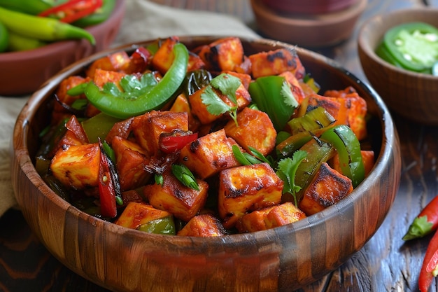 Photo chilli paneer dry is made using cottage cheese