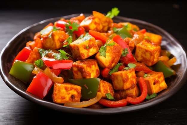 Photo chilli paneer spicy paneer and bell peppers decoration fiery indian celebrations lifestyle cuisine